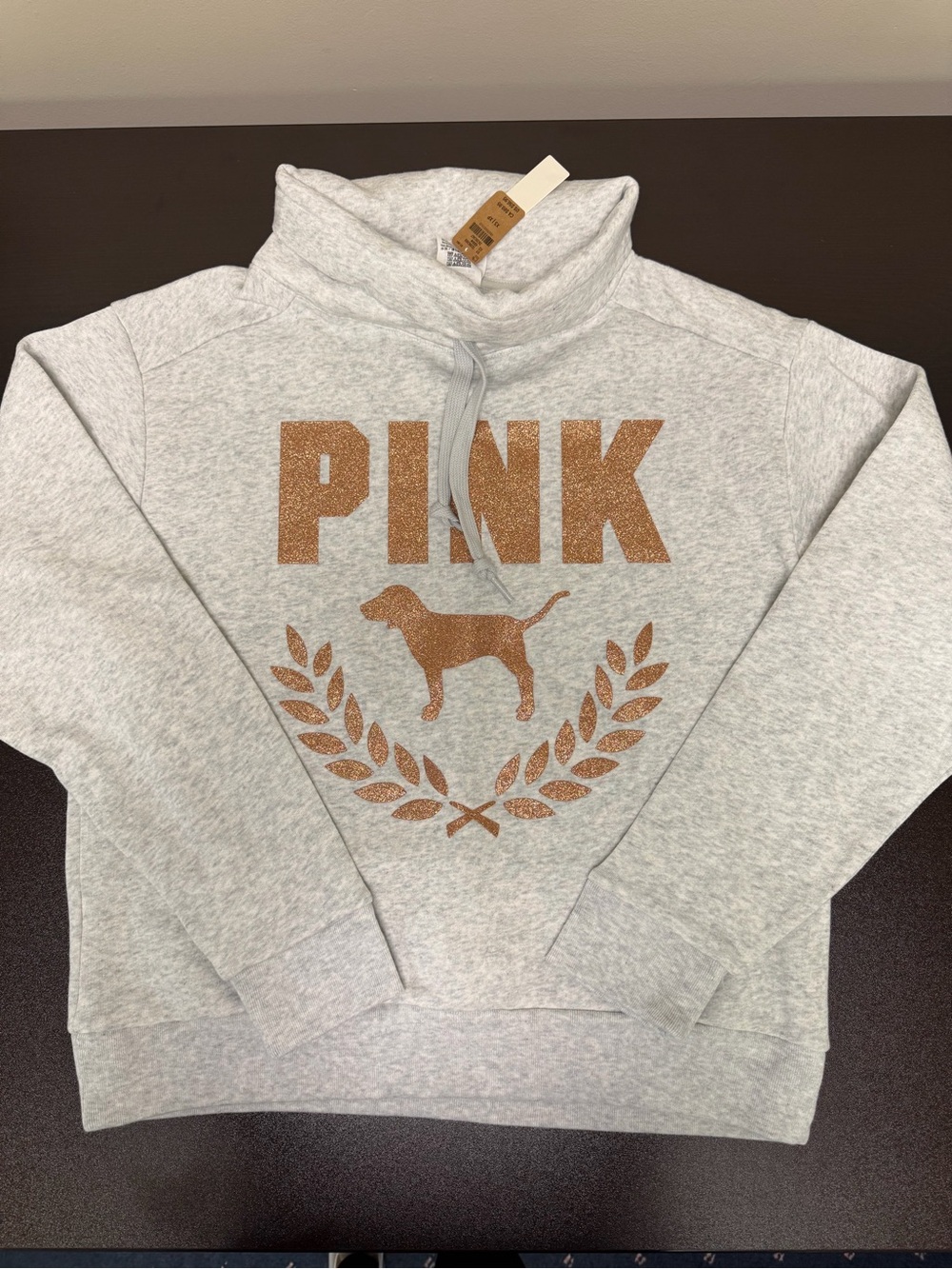 PINK Victoria's Secret Light Gray Cowl Sweatshirt with Bronze Glitter Logo